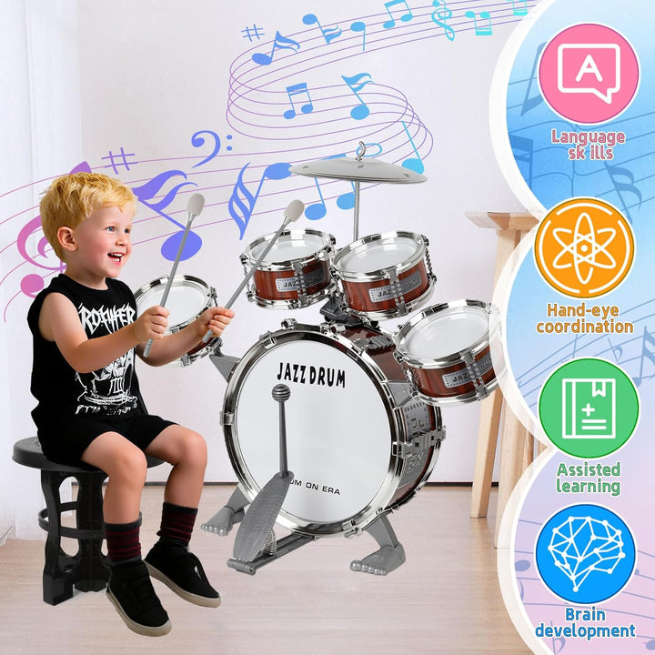 m zimoon Kinder Schlagzeug Schlagwerk Drumset, Jazztrommel Kleinkind Spielzeug 5 Trommeln mit Hocker