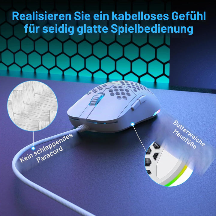 Dierya M1SE Gaming-Maus mit Kabel, Gaming Mouse für PC, 12800 DPI, Weiss | Präziser optischer Sensor