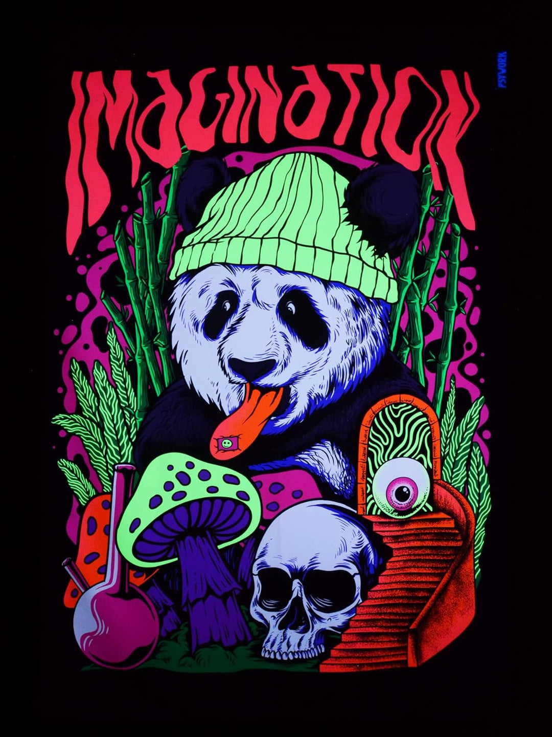 PSYWORK Schwarzlicht Stoffposter Neon | Imagination Panda | 1,5 x 2,25m | UV-aktiv | fluoreszierend