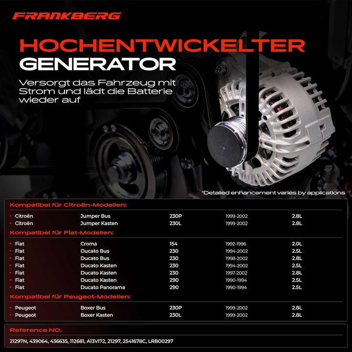 Frankberg Lichtmaschine Generator Kompatibel mit Jumper 2.8L 1999-2002 Croma 2.0L 1992-1996 Ducato 2