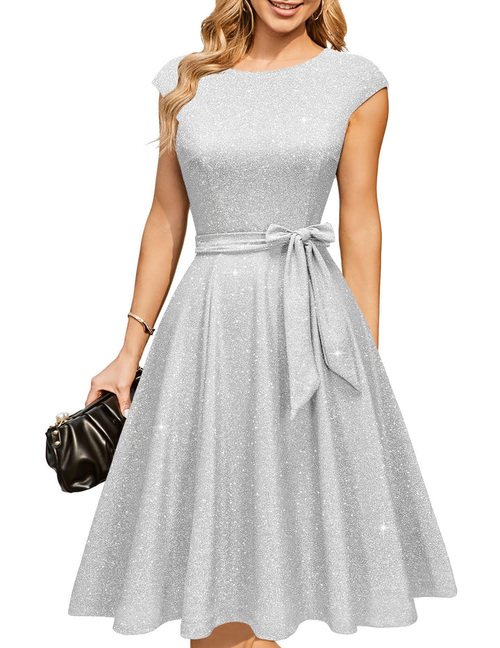DRESSTELLS Cocktailkleid Damen Festliche Kleider 1950er Knielang Rockabilly Hochzeitkleid Swing Part