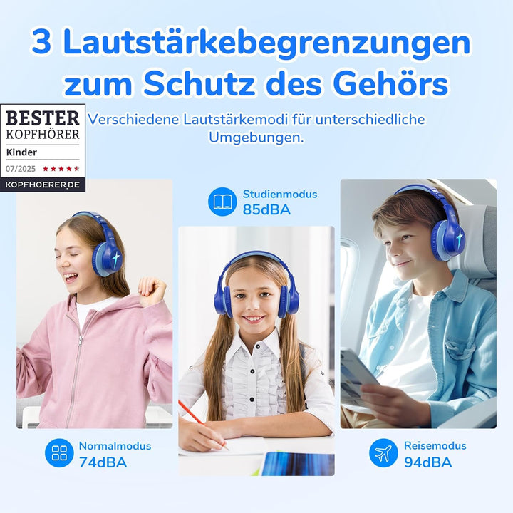 EarFun Bluetooth Kopfhörer Kinder, 5 LED-Beleuchtungsmodi, 74/85/94 dBA Lautstärkebegrenzung, 90 Std