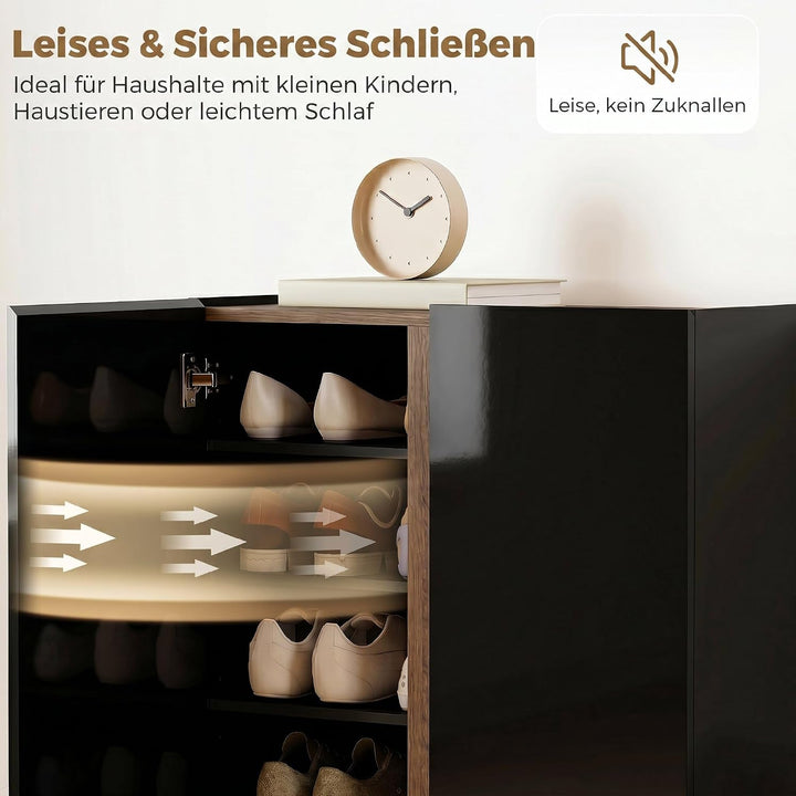 HOMCOM Schuhschrank mit 2 Hochglanz Türen 18 Paar 70x33,5x95 cm, Schwarz | Schuhregal, Schuhkommode,