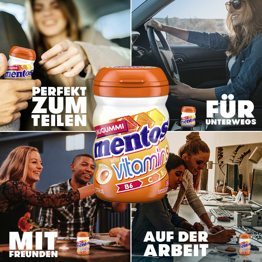 Mentos Kaugummi Vitamins Citrus, 6 Boxen zuckerfreie Chewing Gums mit Citrus-Geschmack, flüssiger Fü
