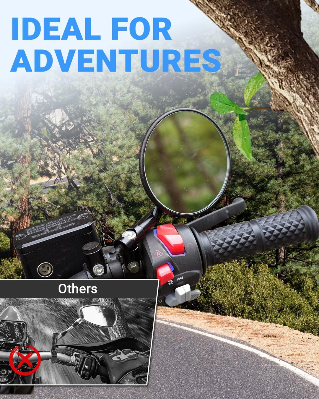 SUPAREE Klappbarer Motorrad Spiegel - E Geprüft, 360° Drehbar, Offroad Tauglich - Für Lenkerdurchmes