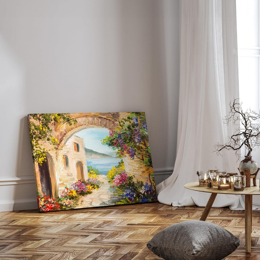 wandmotiv24 Leinwandbild Malerei, 80x60cm, Querformat, Gasse, mediterran, Meer, Deko, Bilder auf Lei