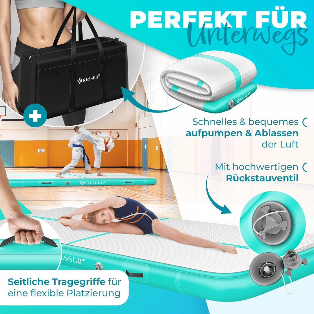KESSER® Turnmatte Aufblasbar Airtrack Fitness-Matte Gymnastikmatte | inkl. Tragetasche & elektr. Luf