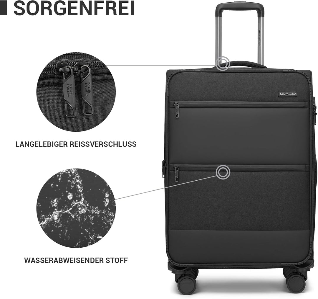 British Traveller Erweiterbarer Mittelgross Koffer, 68L Stoff Reisekoffer mit Volumenerweiterung, 4