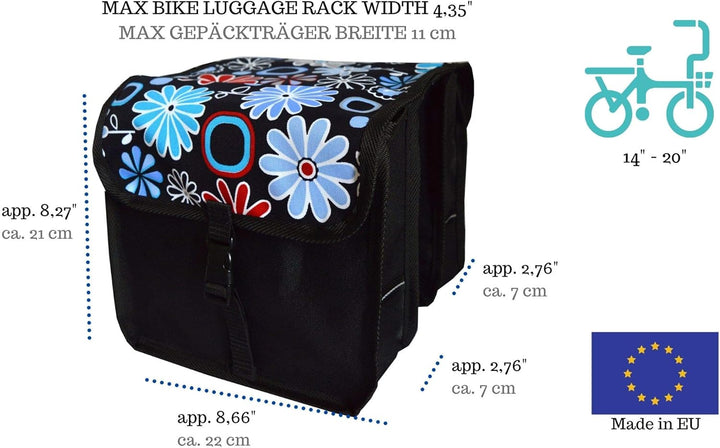 Beluko FAHRRADTASCHE Kinder Satteltasche Gepäckträgetasche Doppel 2 x 5l (2. Mini - Blumen)