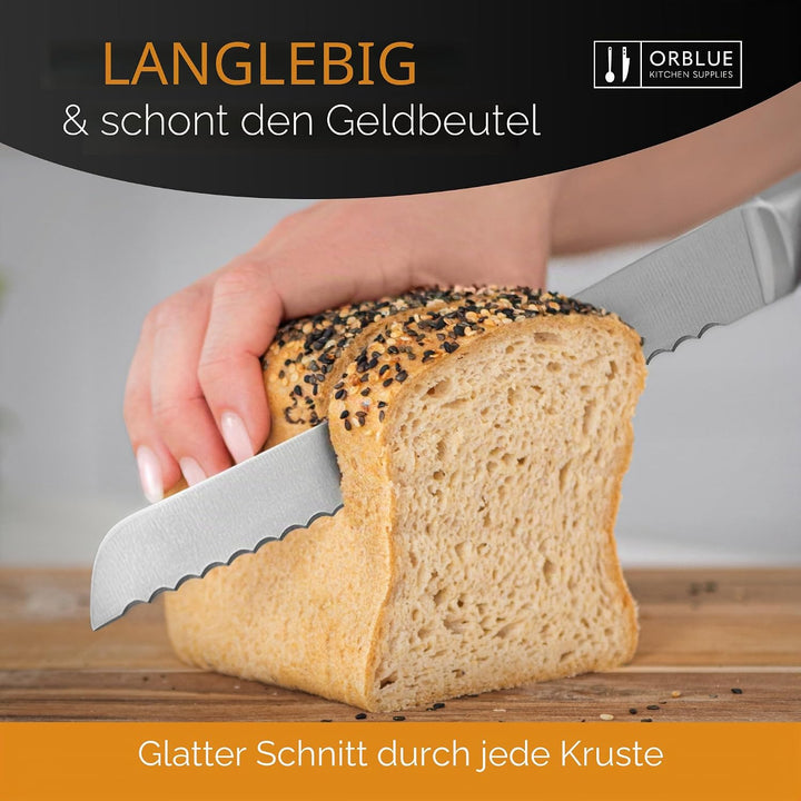 Orblue Brotmesser aus Edelstahl mit Wellenschliff – Ultrascharfes Profi Küchenmesser, Ideal für Brot