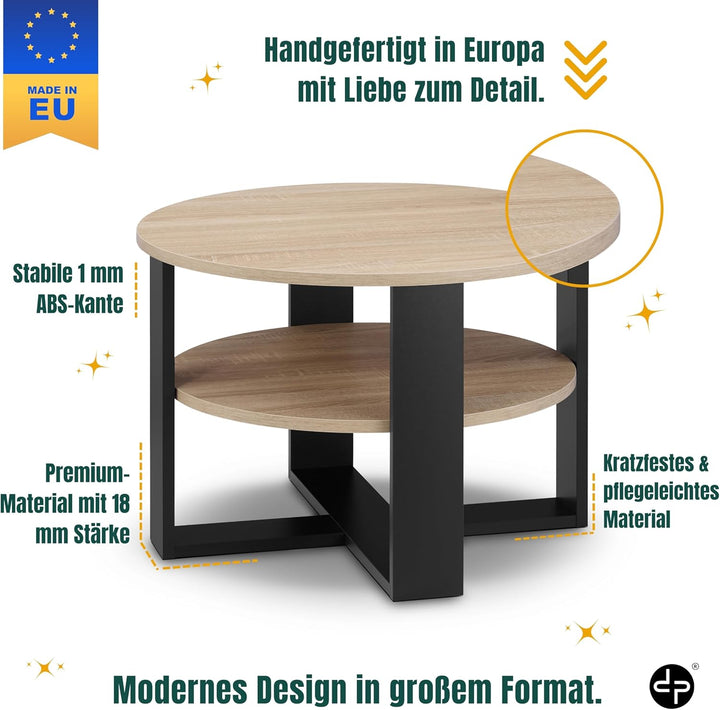 defiPad Couchtisch rund Eiche Ø70 cm - Beistelltisch mit Ablage - Sonoma Eiche - 2 Ebenen, runder mo