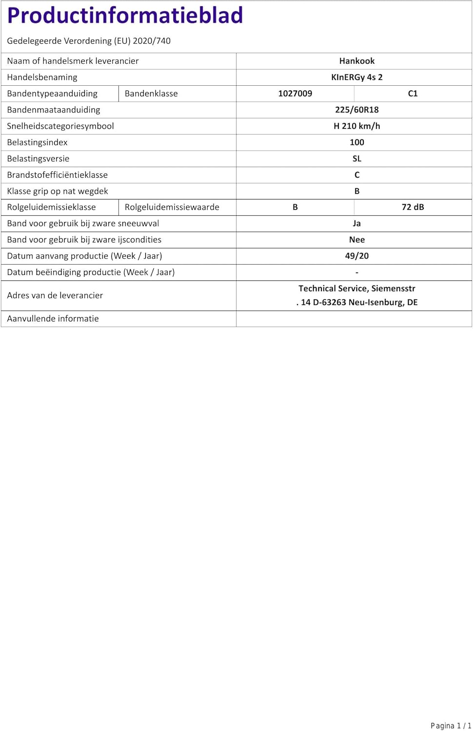 HANKOOK KINERGY 4S 2 H750-225/60R18 100H - Ganzjahresreifen - C/B/72dB