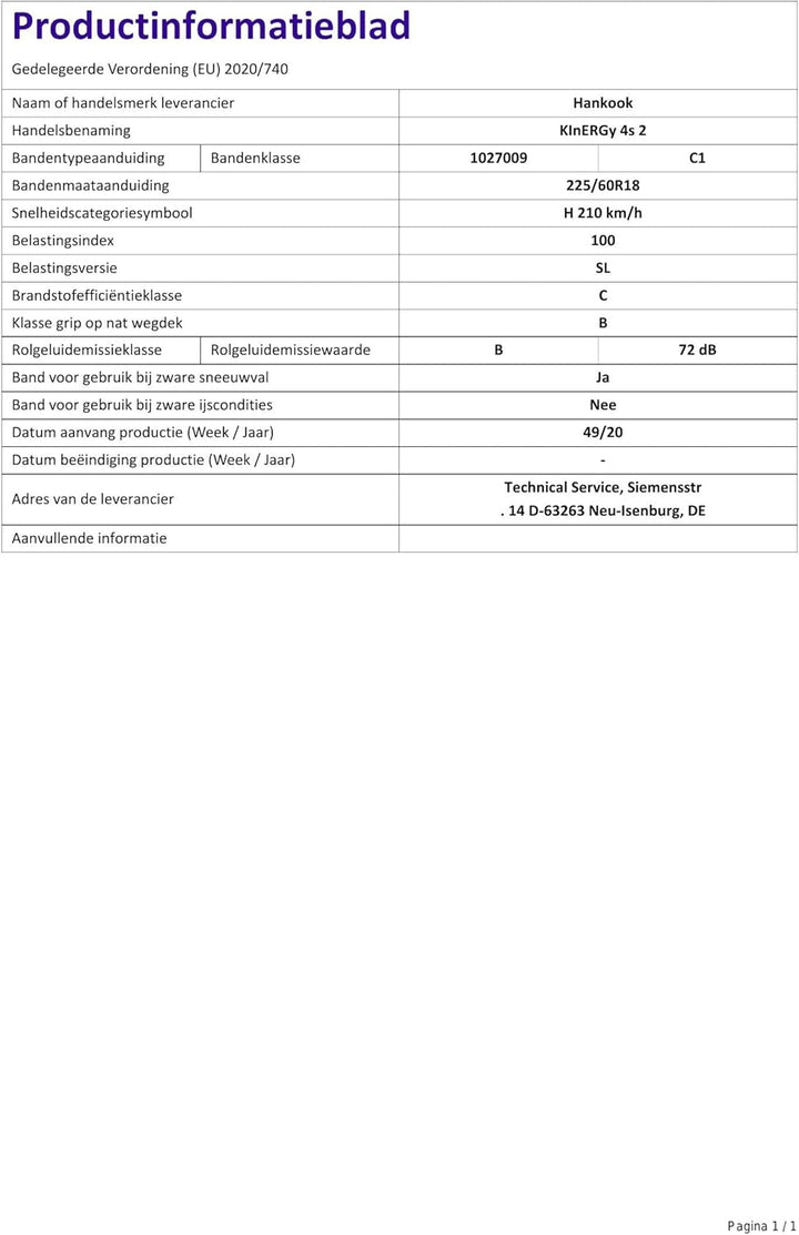 HANKOOK KINERGY 4S 2 H750-225/60R18 100H - Ganzjahresreifen - C/B/72dB