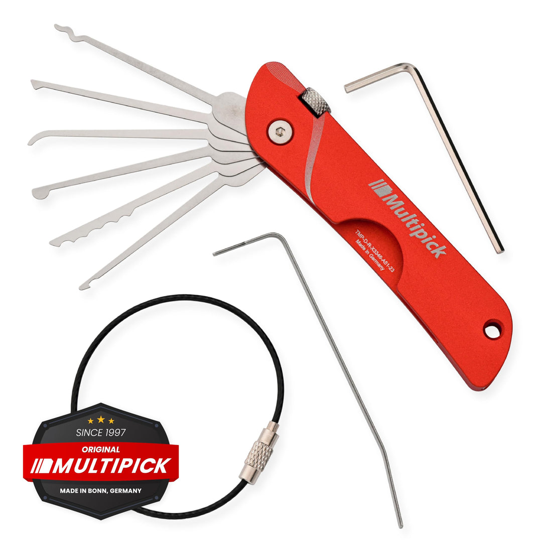 Multipick Dietrich Set ELITE RED Mini Taschen-Messer Lockpicking Set mit 6 wechselbaren Lock-Pick Kl