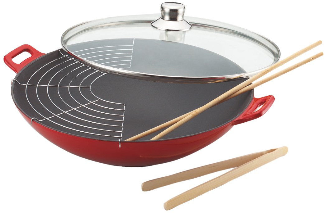 Baumalu - Gusseisen Wok 36 cm in Rot-Gradient mit Antihaftbeschichtung, Glasdeckel, Edelstahl-Gitter