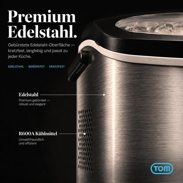 TOM Eiswürfelmaschine – 9 Eiswürfel in 6-8 min – 12 kg/24 h – 2 Würfelgrössen – Ice maker Eiswürfelm
