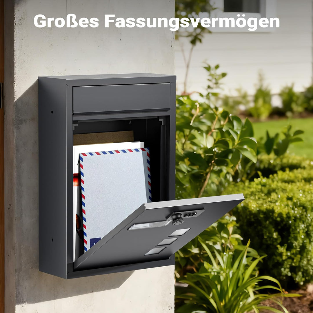 Wiltec Briefkasten anthrazit 215x320x90mm Briefkasten mit Zahlenschloss, Namensschild und Sichtfenst