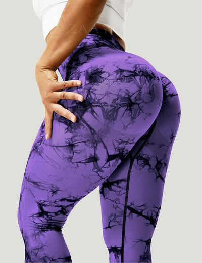 ZAAYO Damen Gym Leggings Sport Booty Scrunch Butt High Waist Seamless Yoga Hosen # G Tie Dye Violett