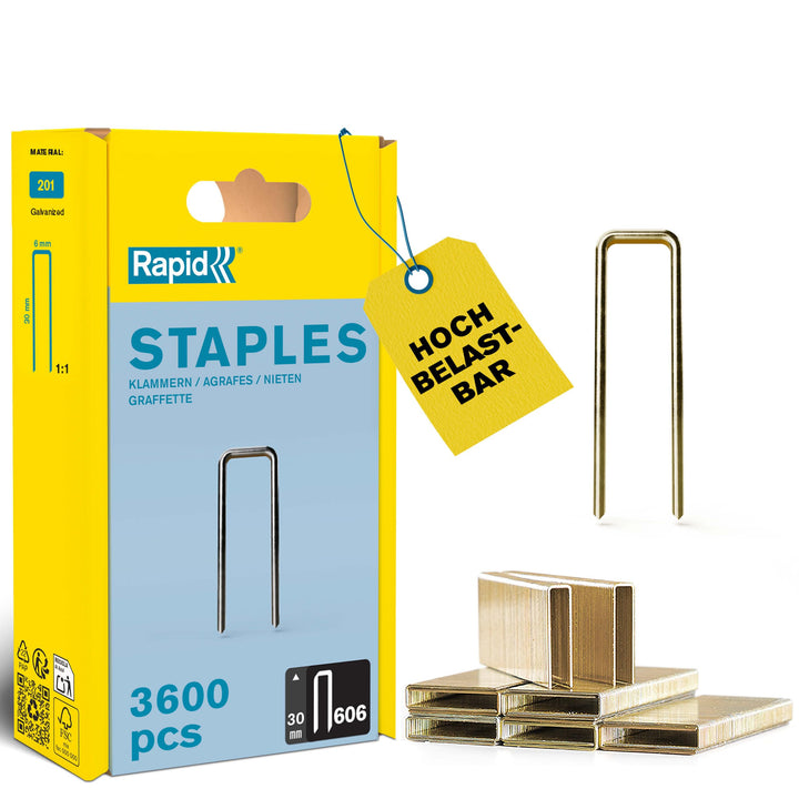 Rapid Tackerklammern Typ 606, 30mm Klammern, 3.600 Stk. Kunststoffbox, Schmalrückenklammern für Holz