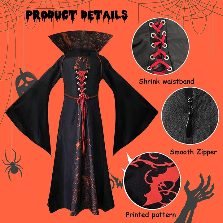 PABTID Vampir Kostüm Mädchen Halloween Kostüme Kinder Gothic Kapuzen Vampirkostüm Halloween Verkleid