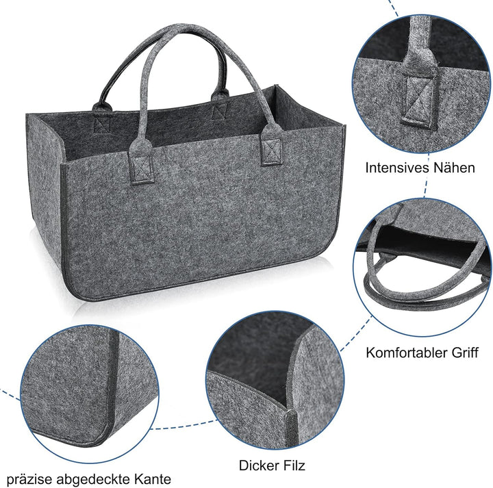 2 Stück Filztaschen Kaminholztasche Filz, Faltbar Kaminholzkorb Filztasche Shopper für Holz Zeitunge