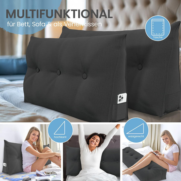 ELONEO Rückenkissen 160 cm breit, Keilkissen für Bett und Sofa geeignet, dreieckiges Lesekissen, Kis