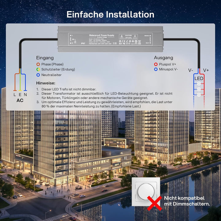 REYLAX LED Trafo 12V Wasserdicht 150W 12,5A LED Treiber Gleichstrom Netzteil IP67 Trafo 230V auf 12V