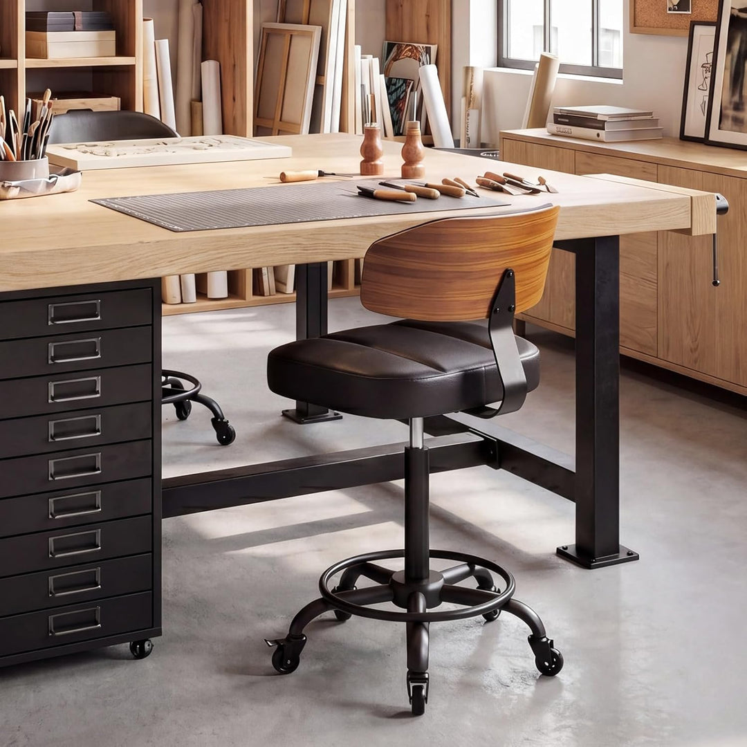 Rollhocker HöHenverstellbar, Bürohocker Ergonomisch,Arbeitshocker, Drehhocker 360°,Mit Rückenlehne P