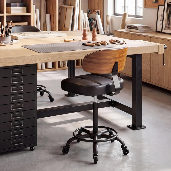 Rollhocker HöHenverstellbar, Bürohocker Ergonomisch,Arbeitshocker, Drehhocker 360°,Mit Rückenlehne P