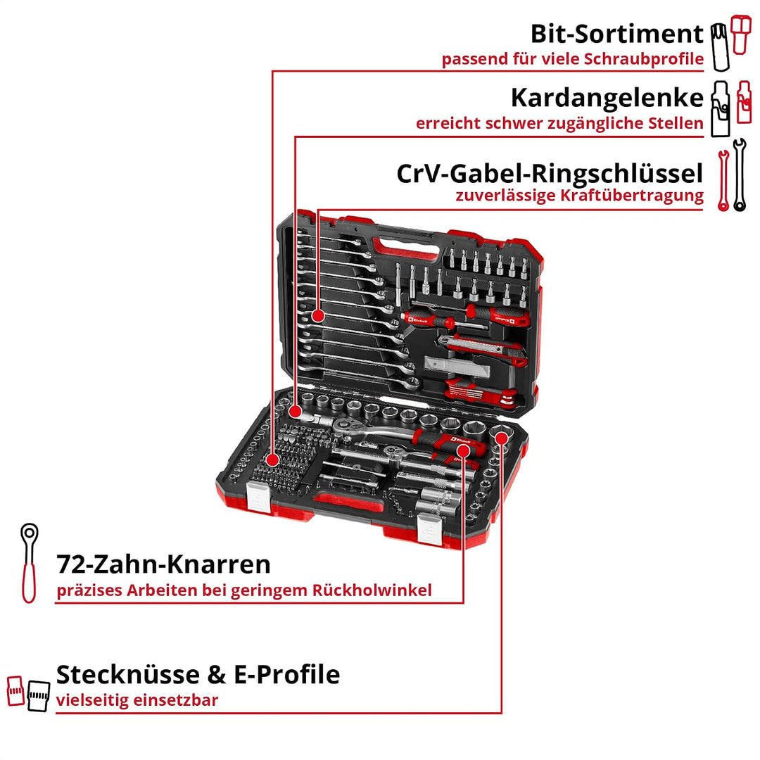 Einhell Werkzeugkoffer 233-tlg. (Umschaltknarren, Gabel-Ringschlüssel, Bit-Sortiment, Stecknüsse, Ve