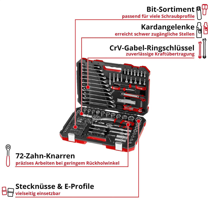 Einhell Werkzeugkoffer 233-tlg. (Umschaltknarren, Gabel-Ringschlüssel, Bit-Sortiment, Stecknüsse, Ve