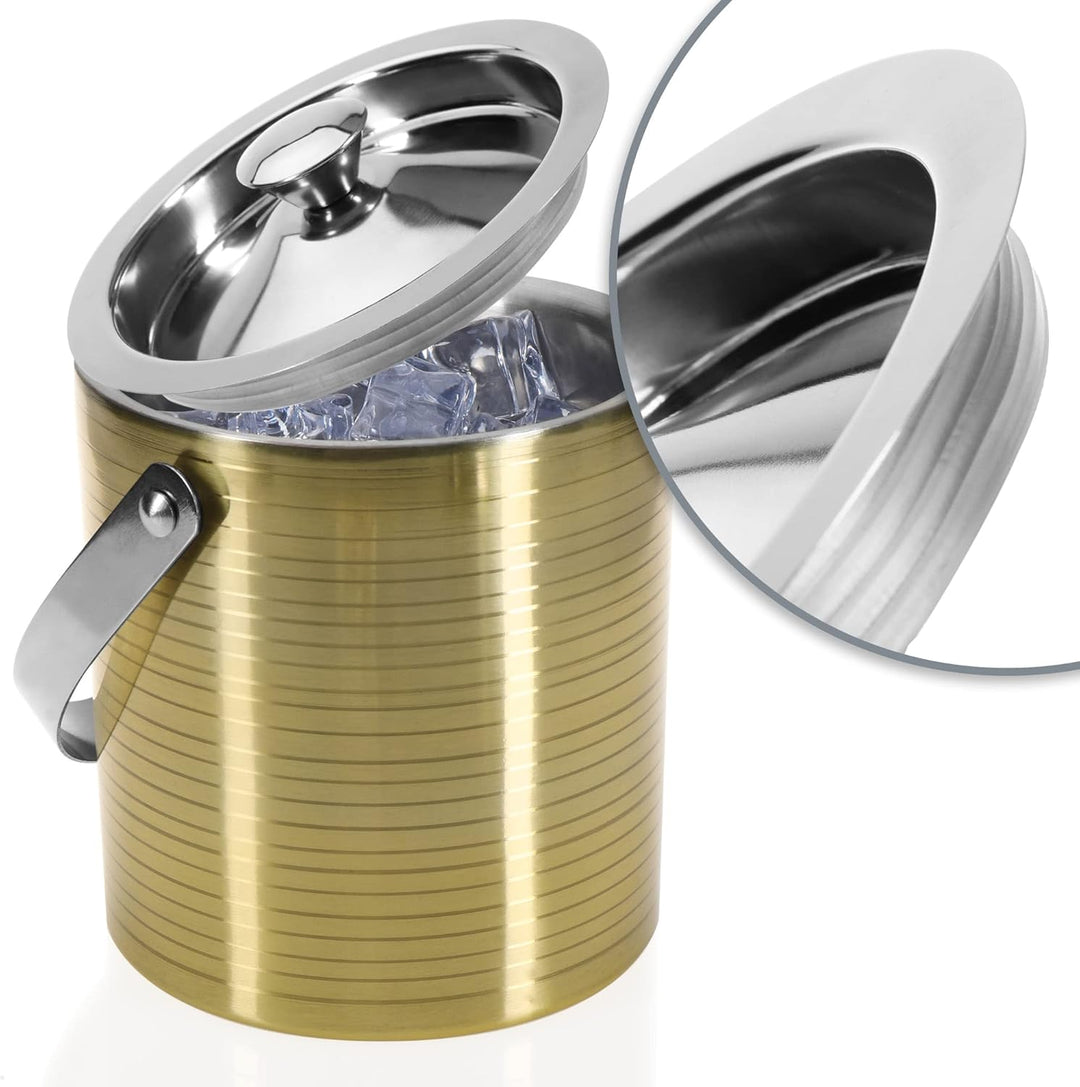 com-four® Eis-Eimer aus Edelstahl - Eis-Würfel-Behälter doppelwandig mit Deckel und Henkel - Sekt &