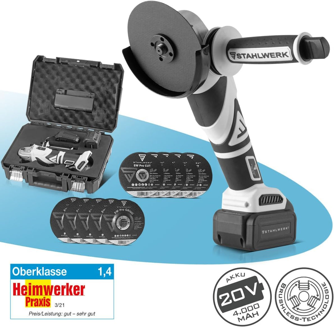STAHLWERK Akku-Winkelschleifer 20 V Brushless (AWS-20 ST) – inkl. 4Ah Li-Ion Akku, Ladegerät, Maschi