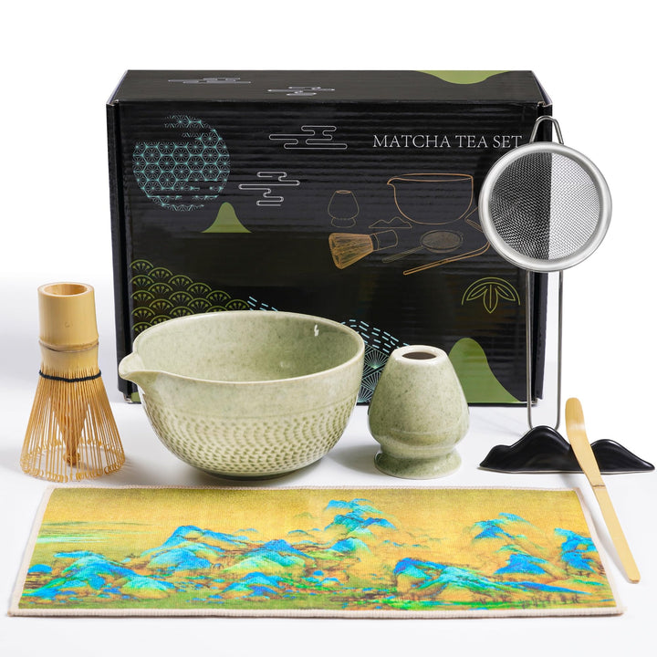 Matcha Set | Matcha Tee Set 7 Stück - mit Matcha Besen und Besenhalter, Schale mit Ausgiesser, Match