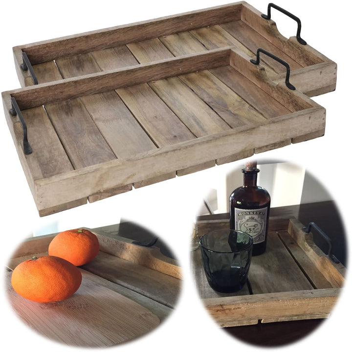 LS-LebenStil 2X Mango-Holz Serviertablett 38x25x8cm Set Griff-Tablett Betttisch Betttablett Holztabl