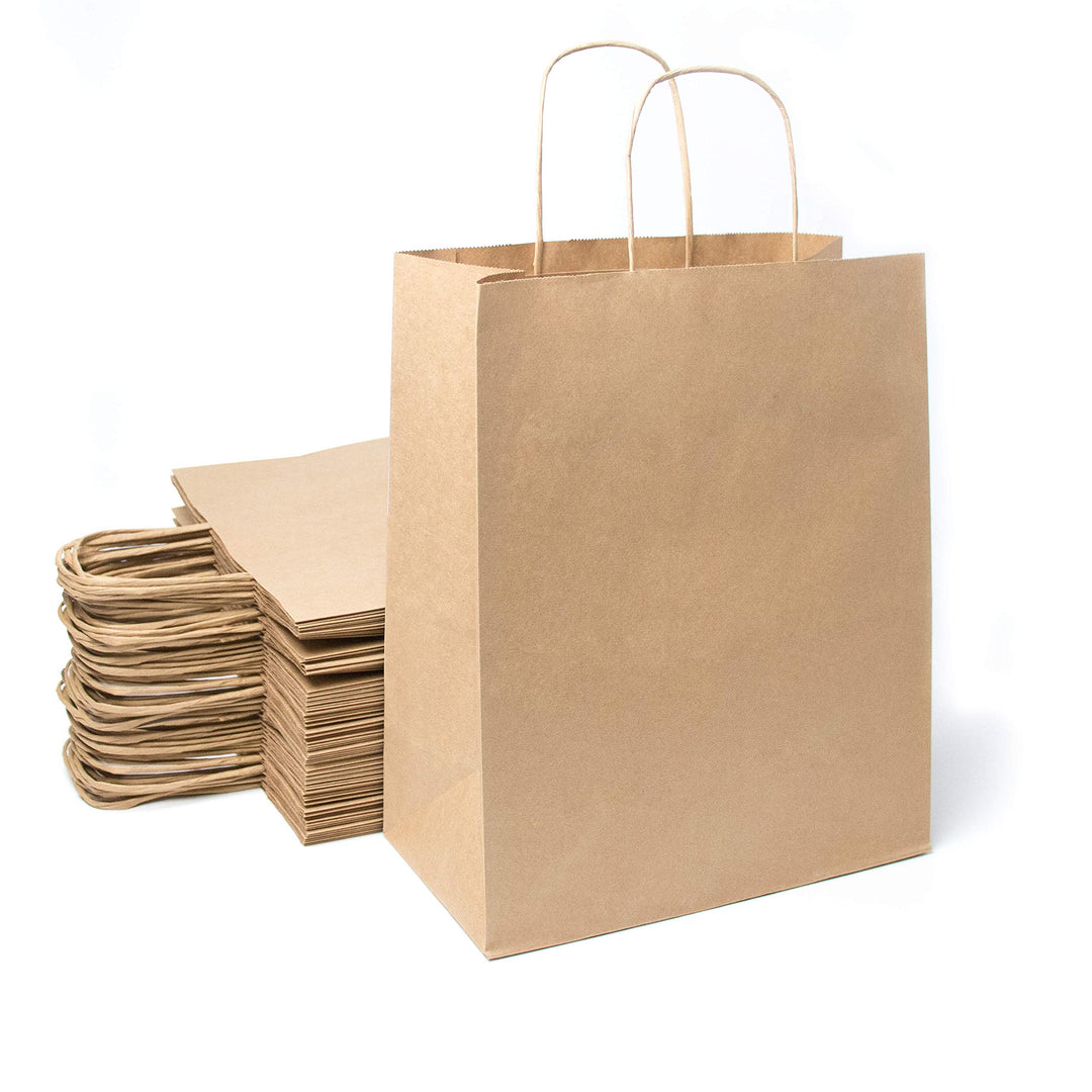 Extiff 50 braune Einkaufstaschen aus Kraftpapier mit Griffen, 26 x 14 x 32 cm, Einkaufstasche/Gesche