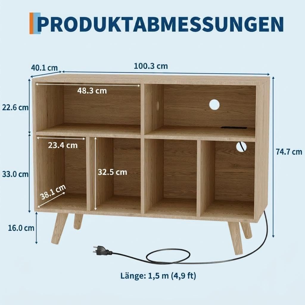 Garvee Grosses Plattenspieler Regal, Schallplattenregal für bis zu 350 Vinyl, Holzregal mit USB und