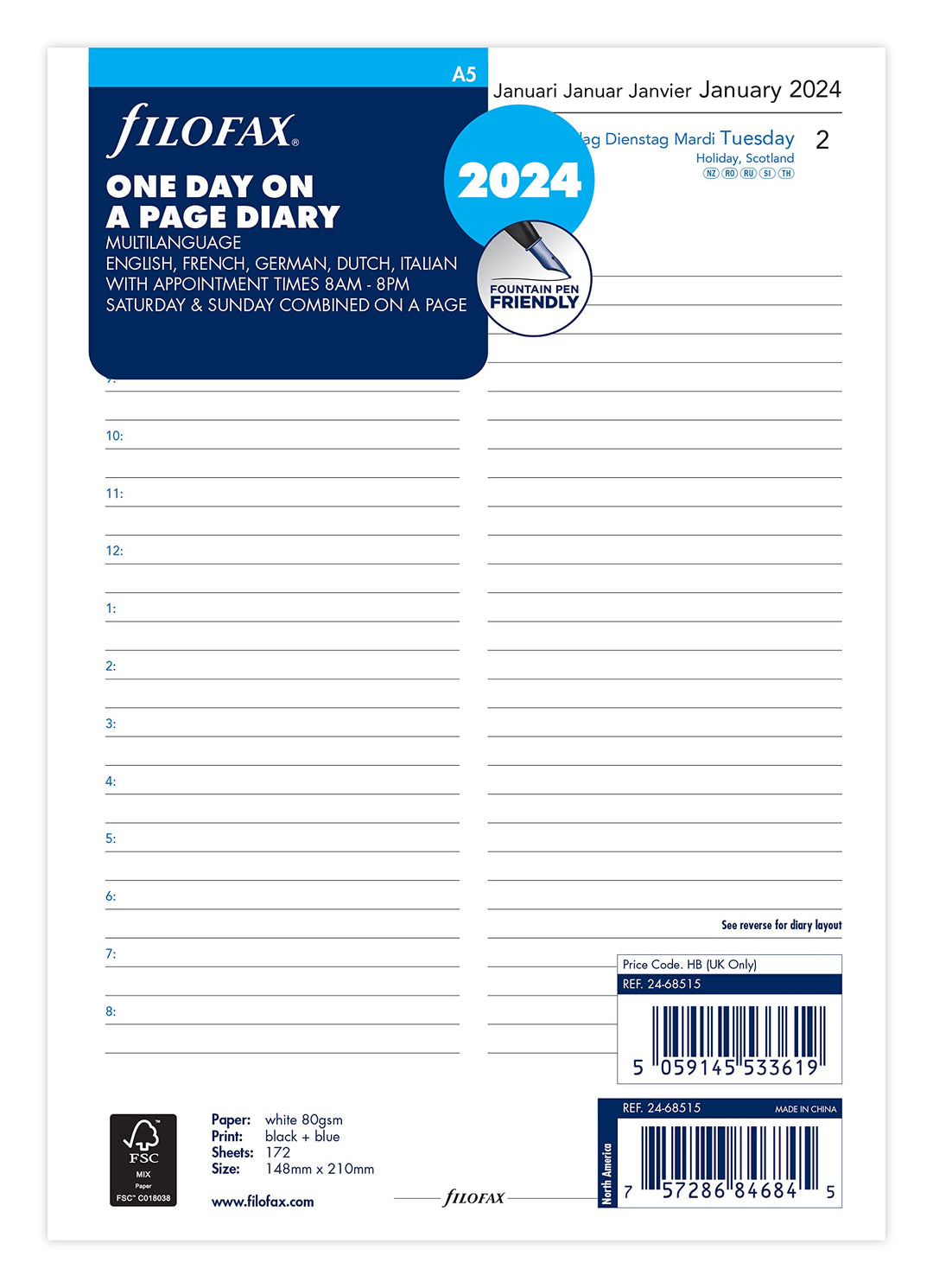 Filofax A5 Tag pro Seite 5 Sprachen Terminplaner – 2024