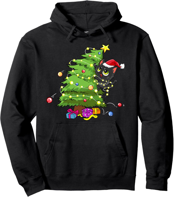 Santa Black Cat verwirrt in Weihnachtsbaum Lichter Urlaub Pullover Hoodie