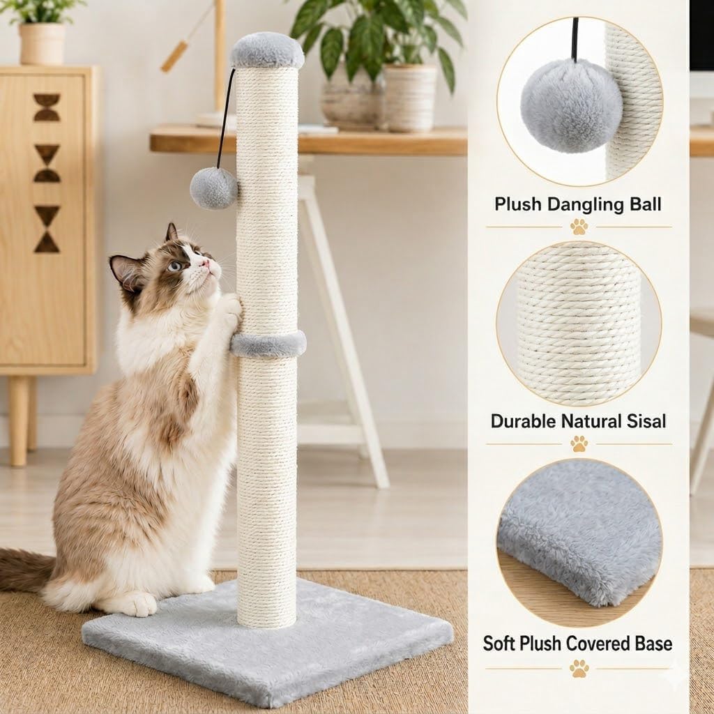 Dimaka Kratzbaum für Katzen, 74 cm, mit Sisalseil und weichem Plüschbezug GRAU, GRAU