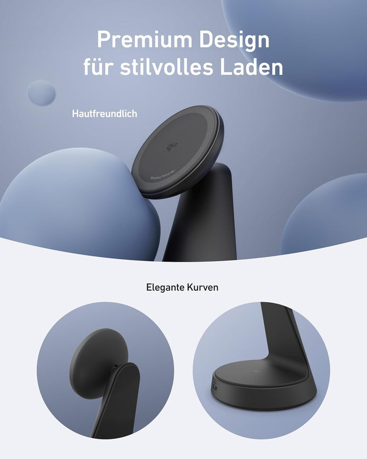 Anker MagGo MagSafe kompatibles 2-in-1 Ladegerät, Qi2 Zertifiziert 15W Schnellladegerät Ständer, Ein