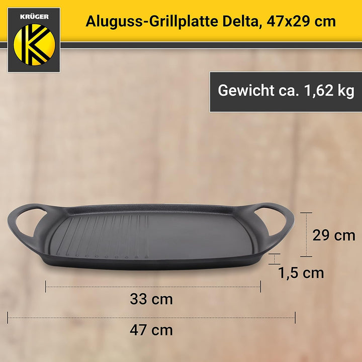 Krüger Aluguss-Grillplatte Delta 47x29cm - Grill-Platte mit Antihaft-Versiegelung und halbseitigem R