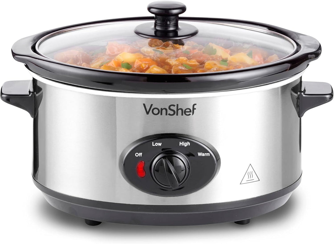 VonShef Schongarer Slow Cooker 3,5L mit Glasdeckel – Edelstahl