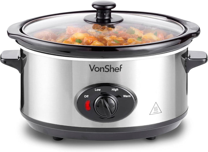 VonShef Schongarer Slow Cooker 3,5L mit Glasdeckel – Edelstahl