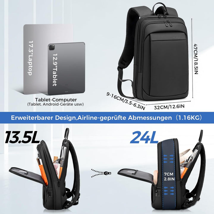 Laptop Business Rucksack Herre - Leichter 17,3 Zoll Slim Laptoprucksack mit USB - Ladeanschluss Wass