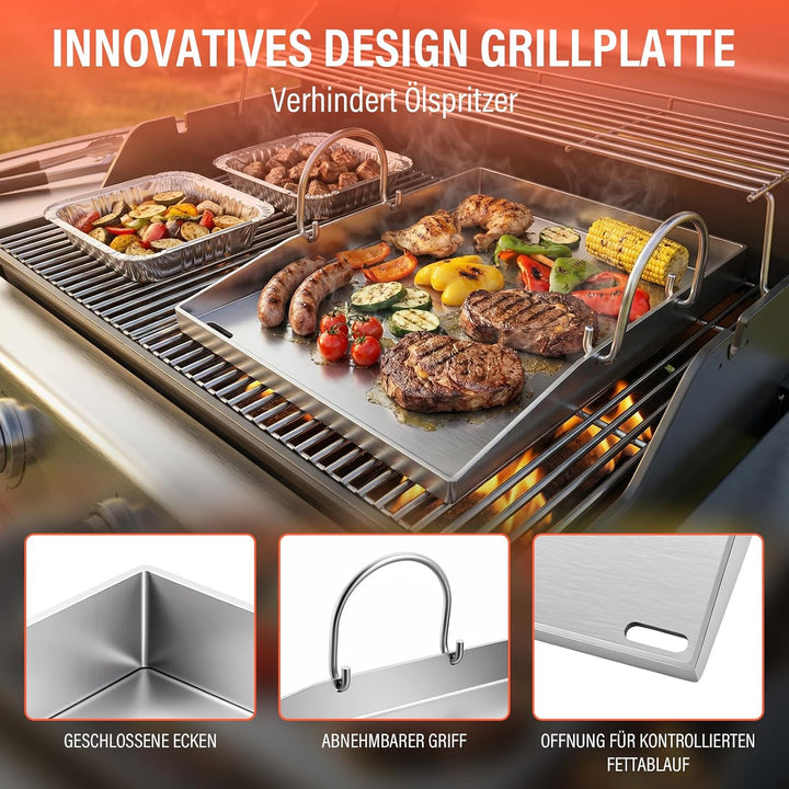 Premium Plancha Grillplatte 40×30 cm – 4 mm Edelstahl, inkl. 3 Grillwerkzeuge &amp; 30 Fettabsorptionspa