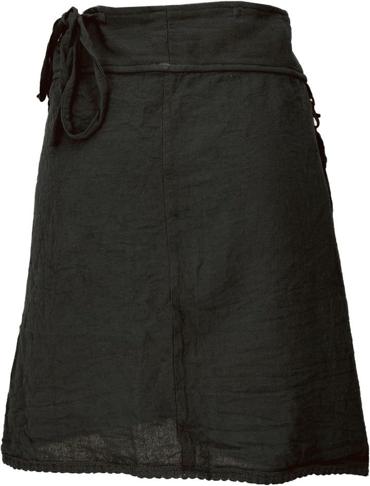 GURU SHOP Pixi Festival Boho Minirock, Natürlicher Ethno Wickelrock mit Tasche, Spitze, Damen Schwar