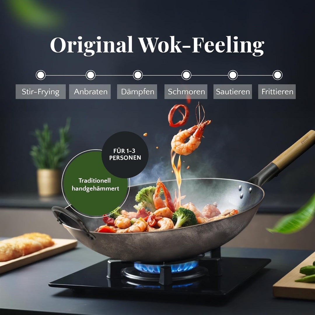 pasoli handgehämmerter Wok inkl. gratis Rezepte eBook - traditionelle Asiapfanne - Bratwok aus Carbo