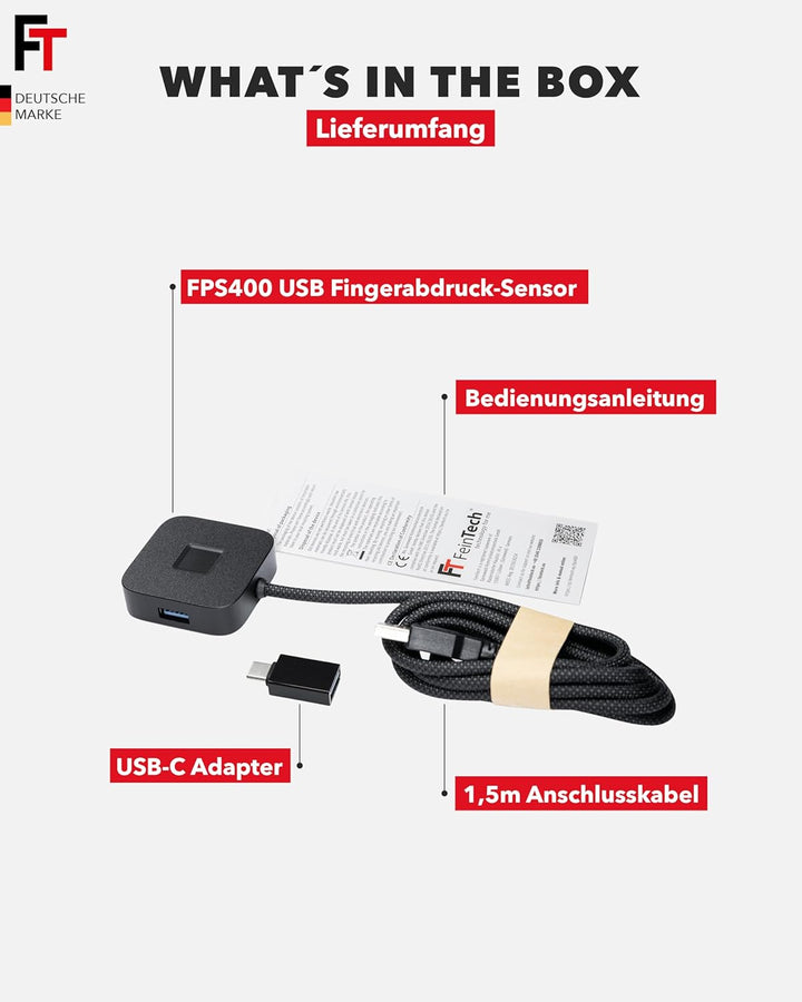 FeinTech FPS400 USB 3.0 Hub mit Fingerabdruck-Sensor für Windows Hello mit USB-Hub, mit USB-Hub