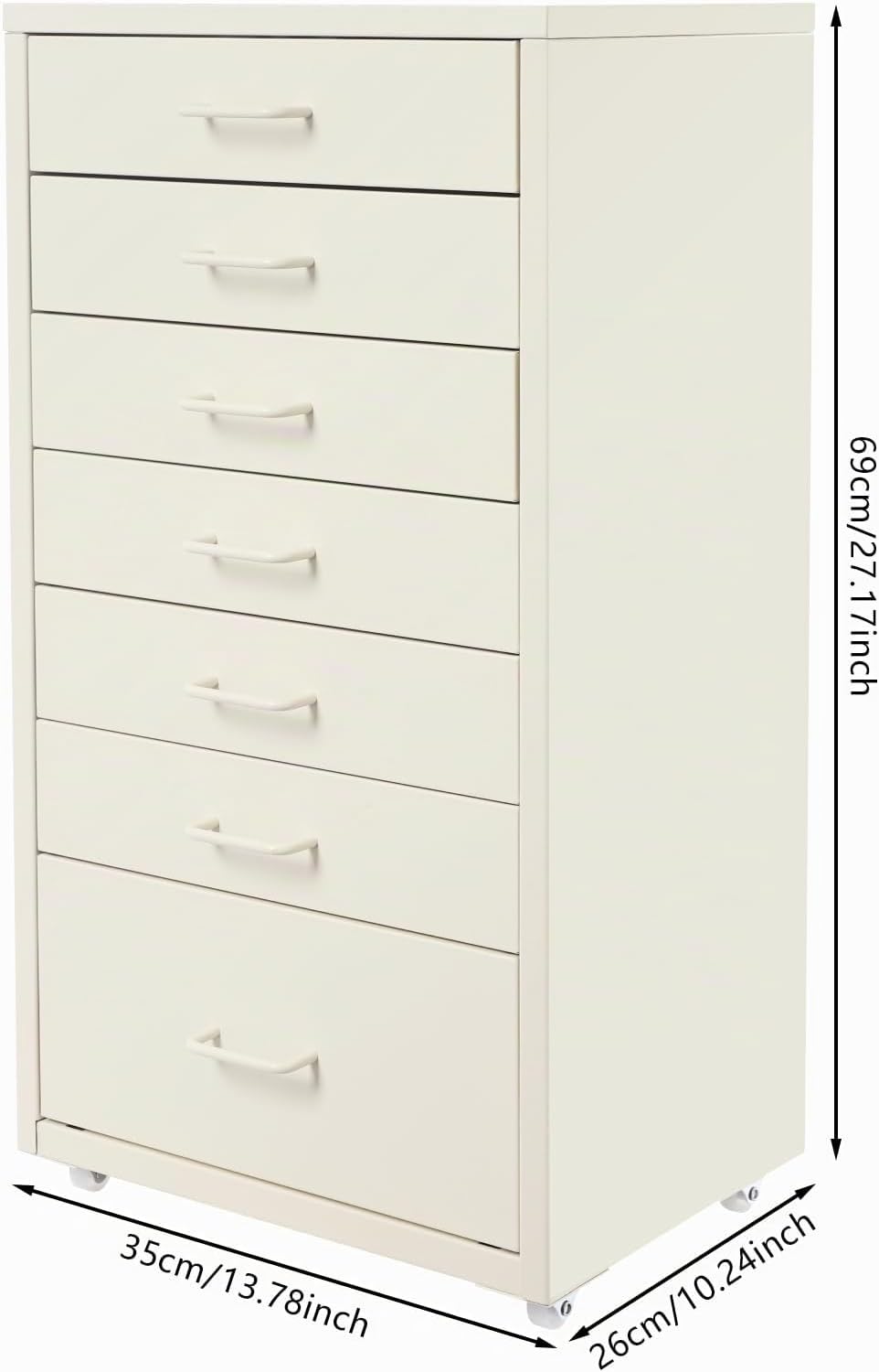 Metall Rollcontainer mit 7 Schubladen, Mobiler Aktenschrank, Büroschrank mit Rädern, Rollschrank Sch
